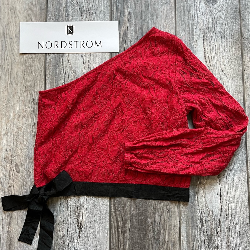 Walter Baker NYC Designer - One Shoulder Deep Red Lace Top Black Ribbon Waist